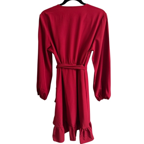 Women’s V-Neck Long Sleeve Wrap Dress with Ruffle Hem - Picture 5 of 7